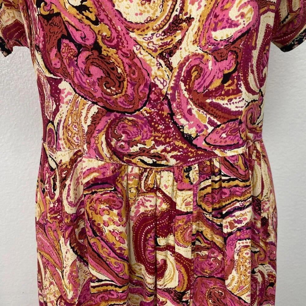 Vintage Zoe Womans Maxi Dress Large  Rayon Crepe Pink Paisley Boho Peasant Y2K